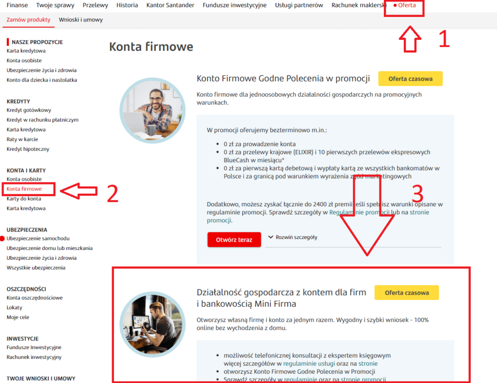 Jak założyć firmę przez bankowość internetową Santander'a